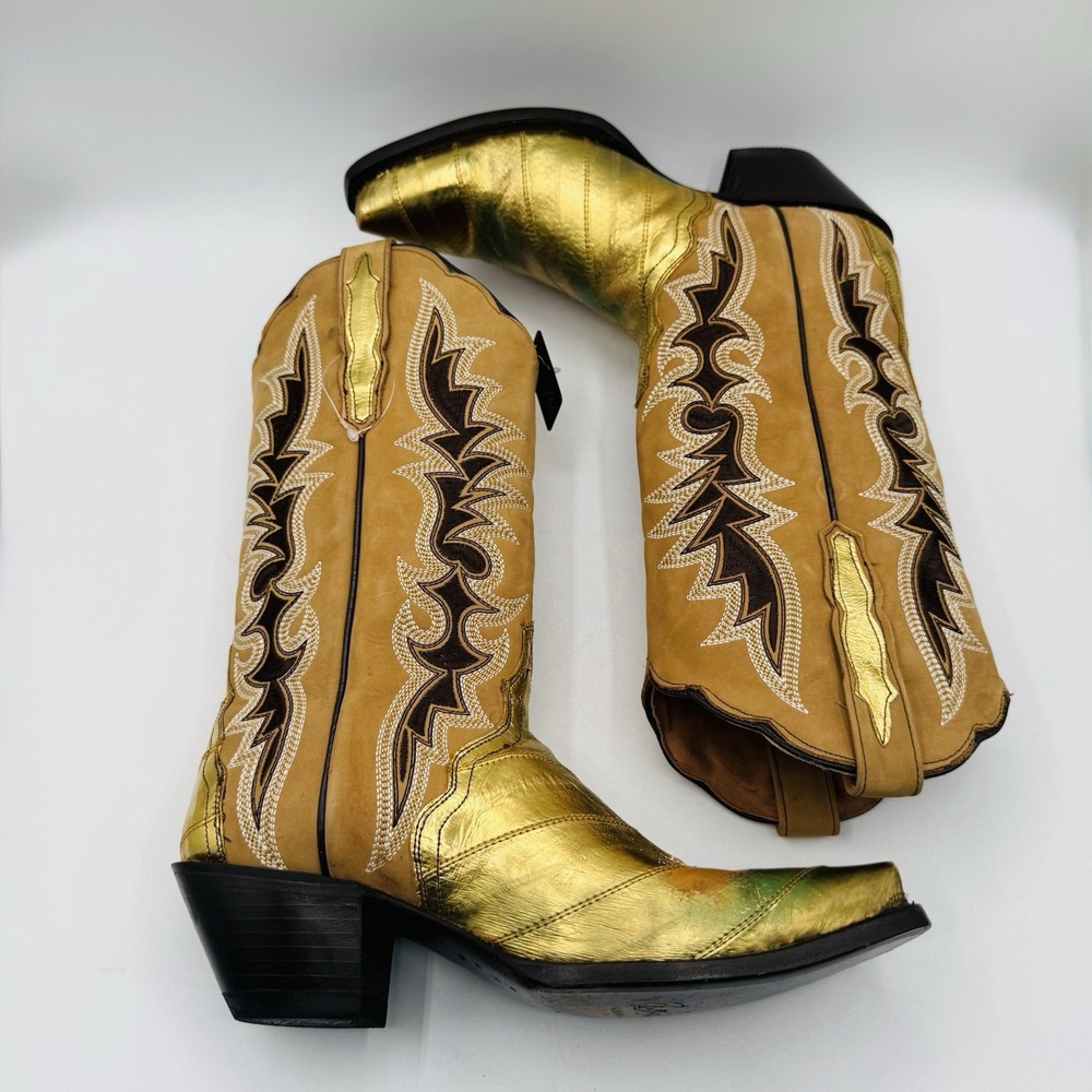 Dan Post Genuine Eel Exotic Boots Women's Size 9 Crackle Gold Metallic Leather - Picture 13 of 16